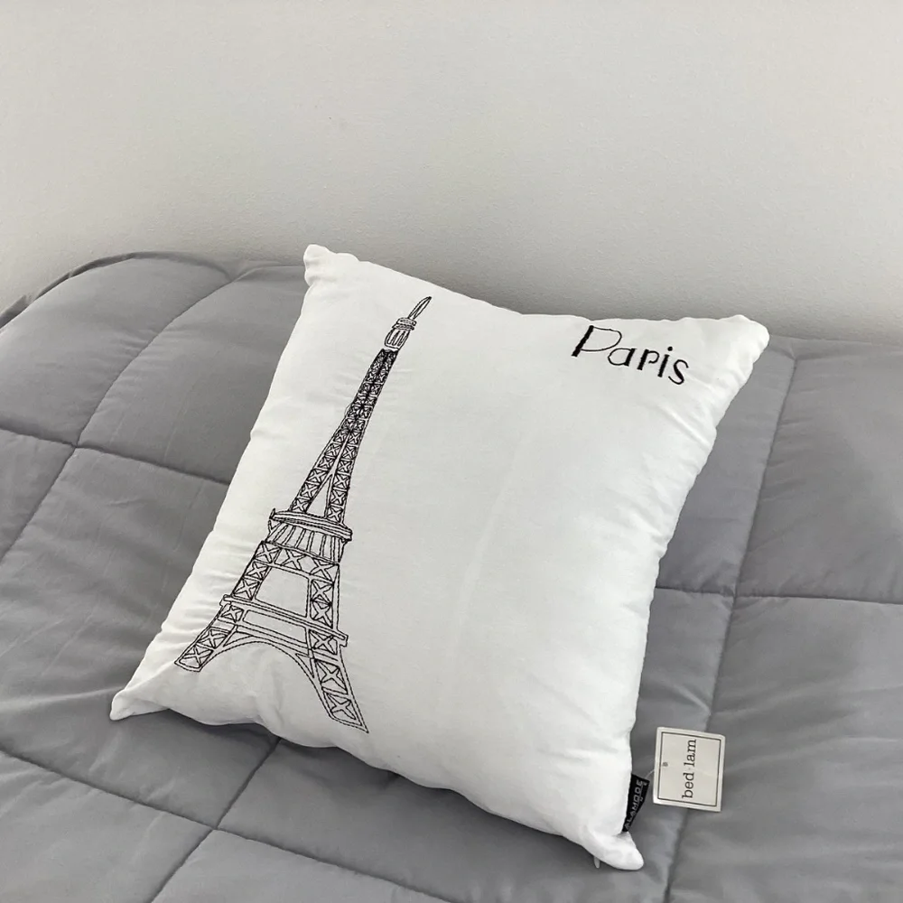 NWT BED LAM WHITE W/ BLACK EIFFEL TOWER EMBROIDERY COTTON ACCENT PILLOW